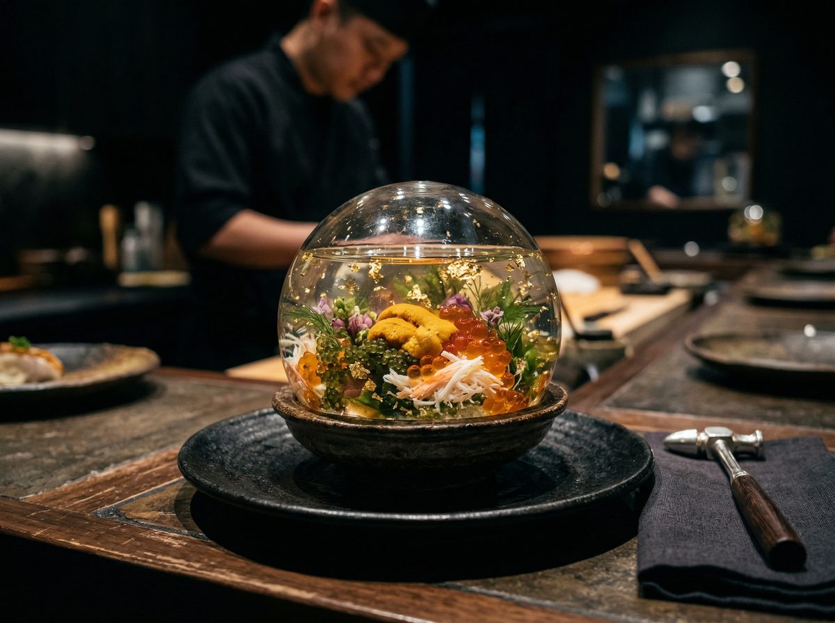 Crystal Seafood Terrarium — dashi gelée sphere with uni and ikura cracked tableside