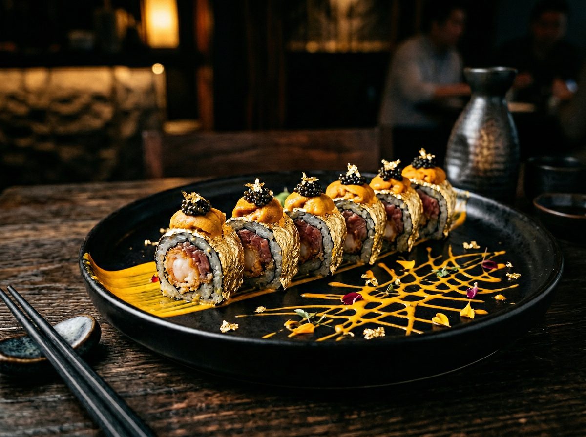 Golden Phoenix Roll — king crab tempura with torched salmon belly and gold leaf
