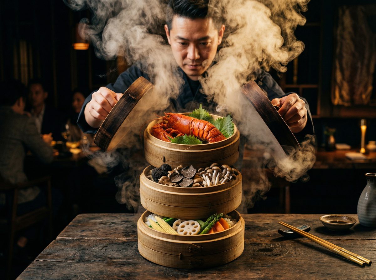 Golden Seiro Tower — three-tier bamboo steamer with lobster and truffle