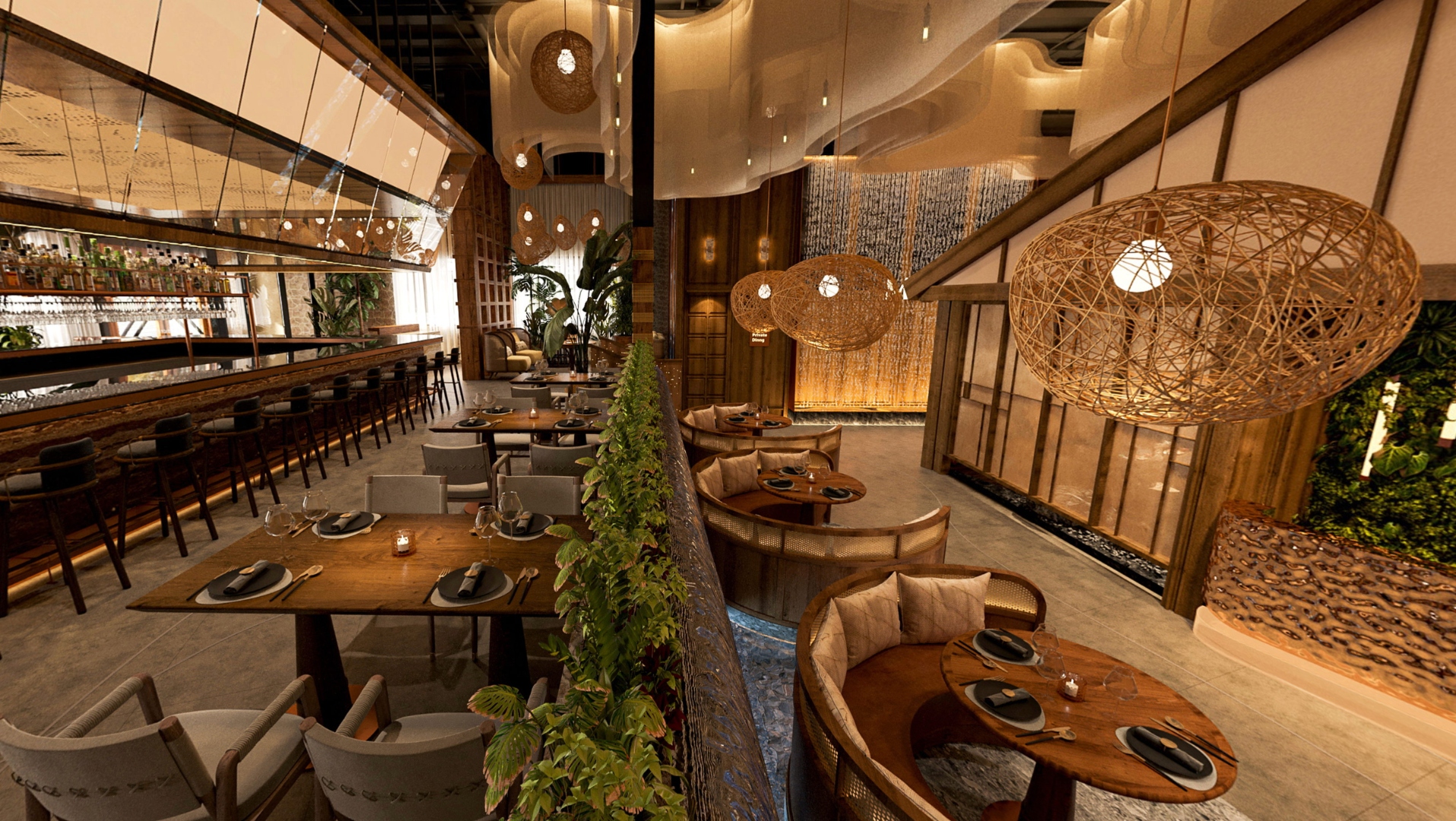 Grand booth seating with tropical palms