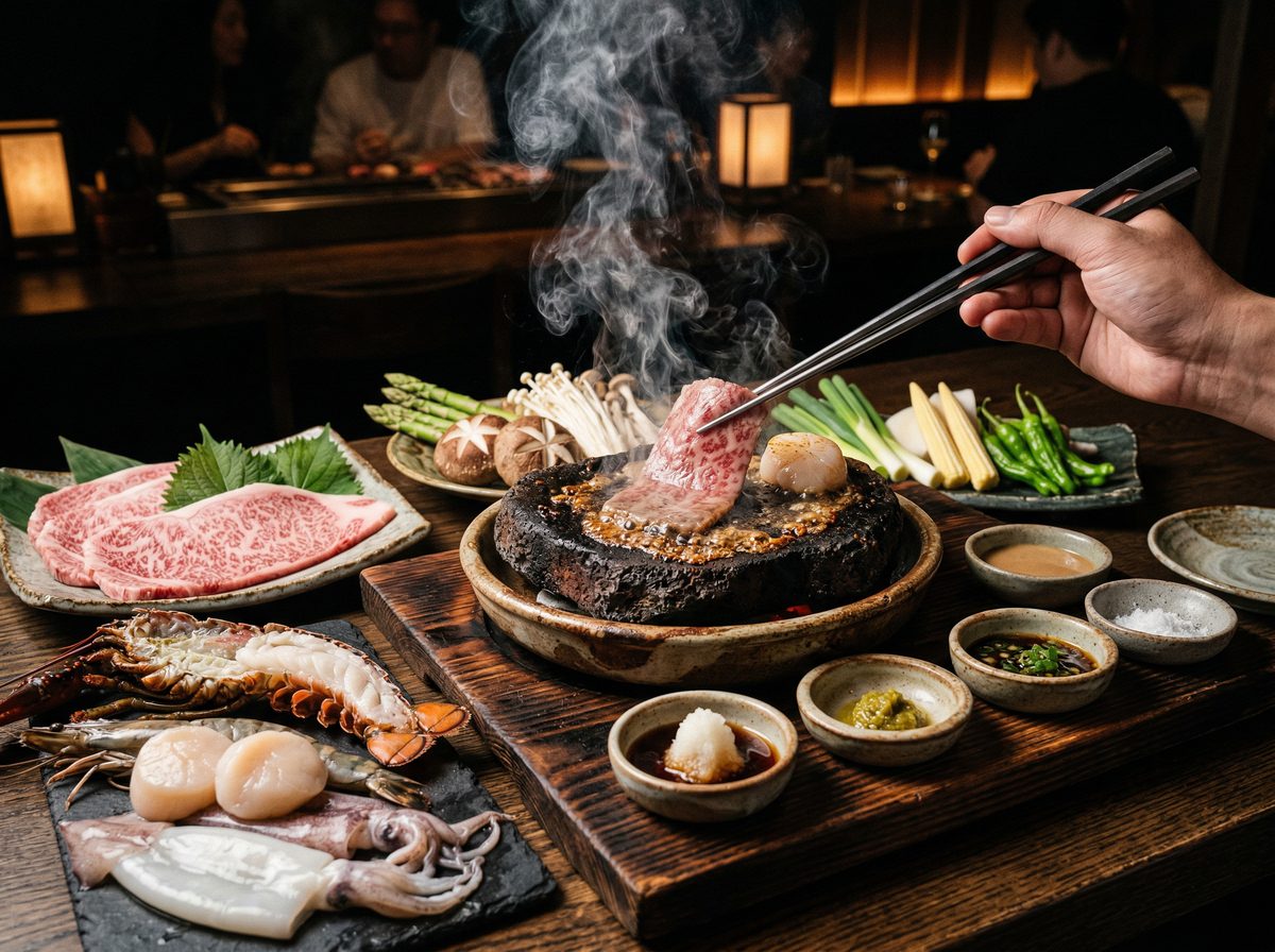 Hot Rock Experience — searing volcanic stone with A5 wagyu, otoro, and prawn
