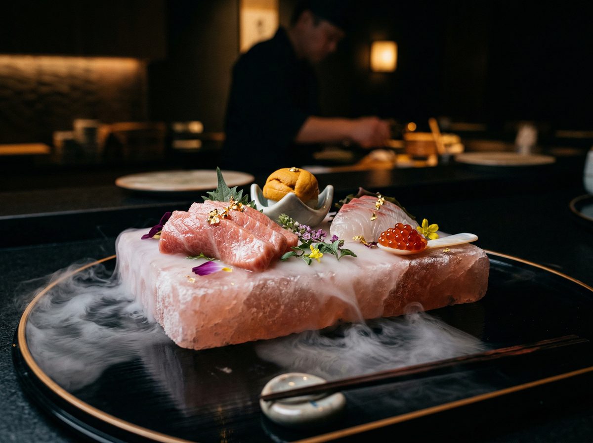 Jukusei Toro Jewel Box — 30-day aged otoro on Himalayan salt with dry ice at MUI