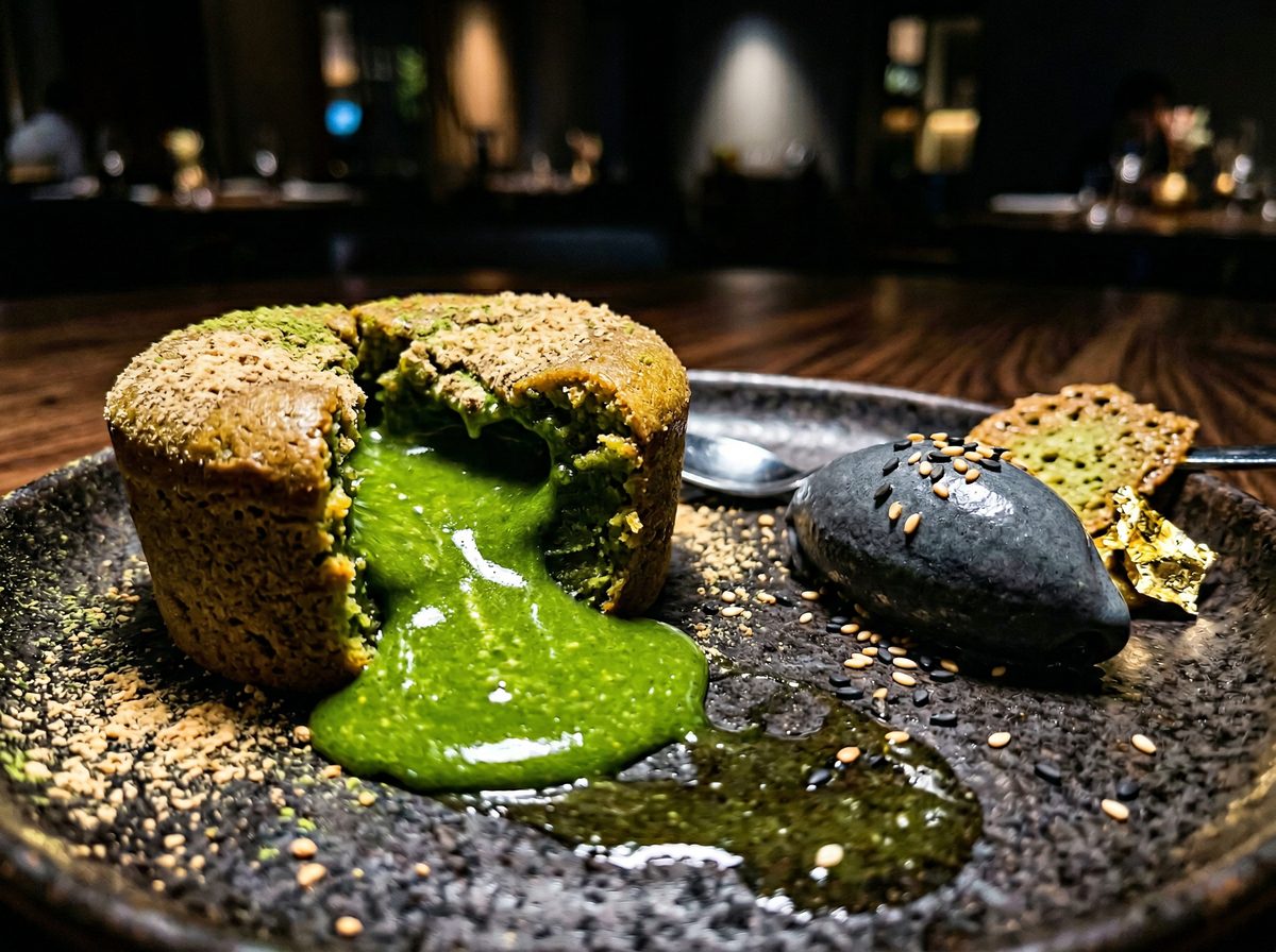 Matcha Lava Cake — molten matcha center with black sesame ice cream