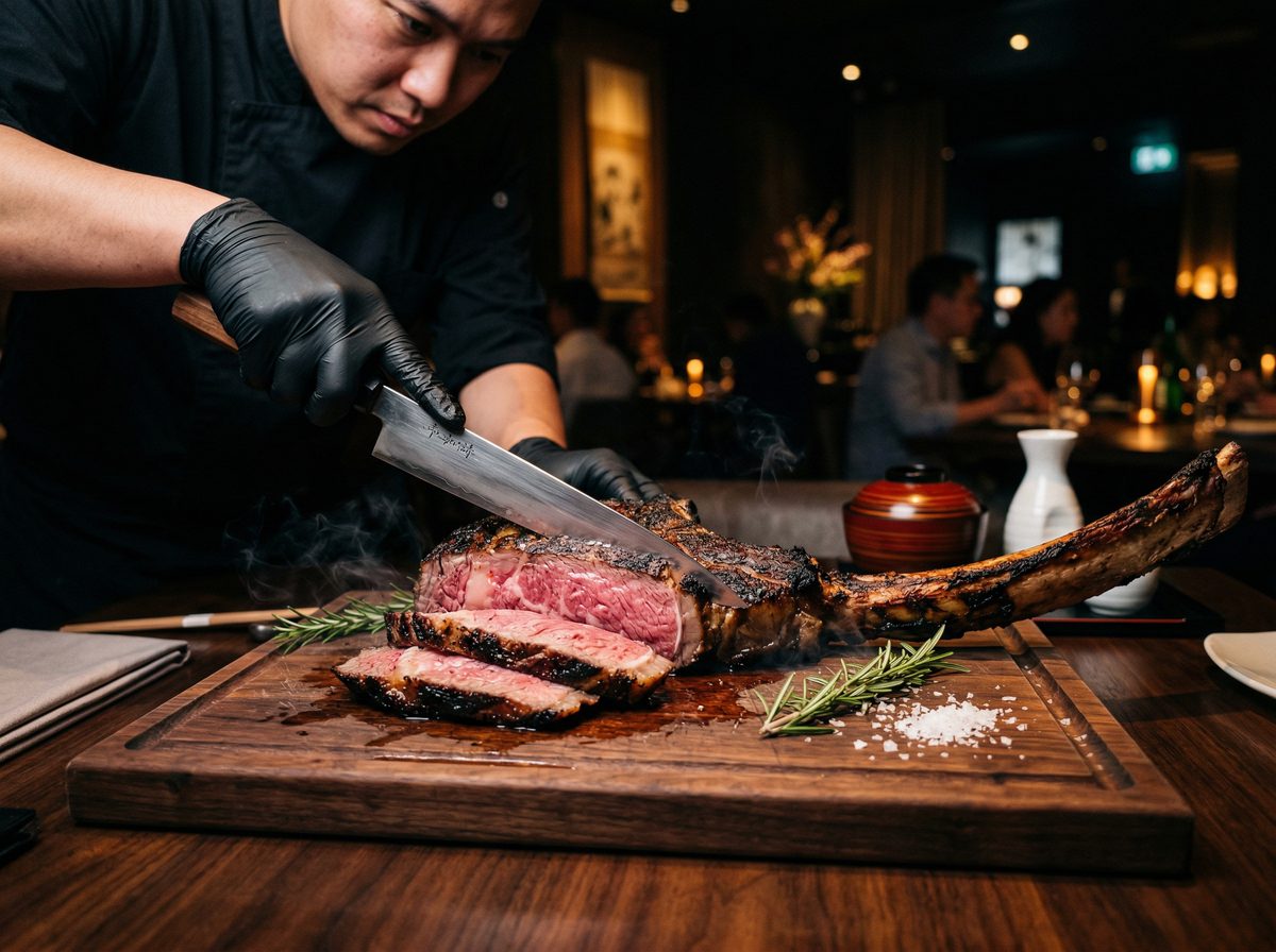MUI Tomahawk — 40oz A5 wagyu tomahawk carved tableside at MUI Supper Club