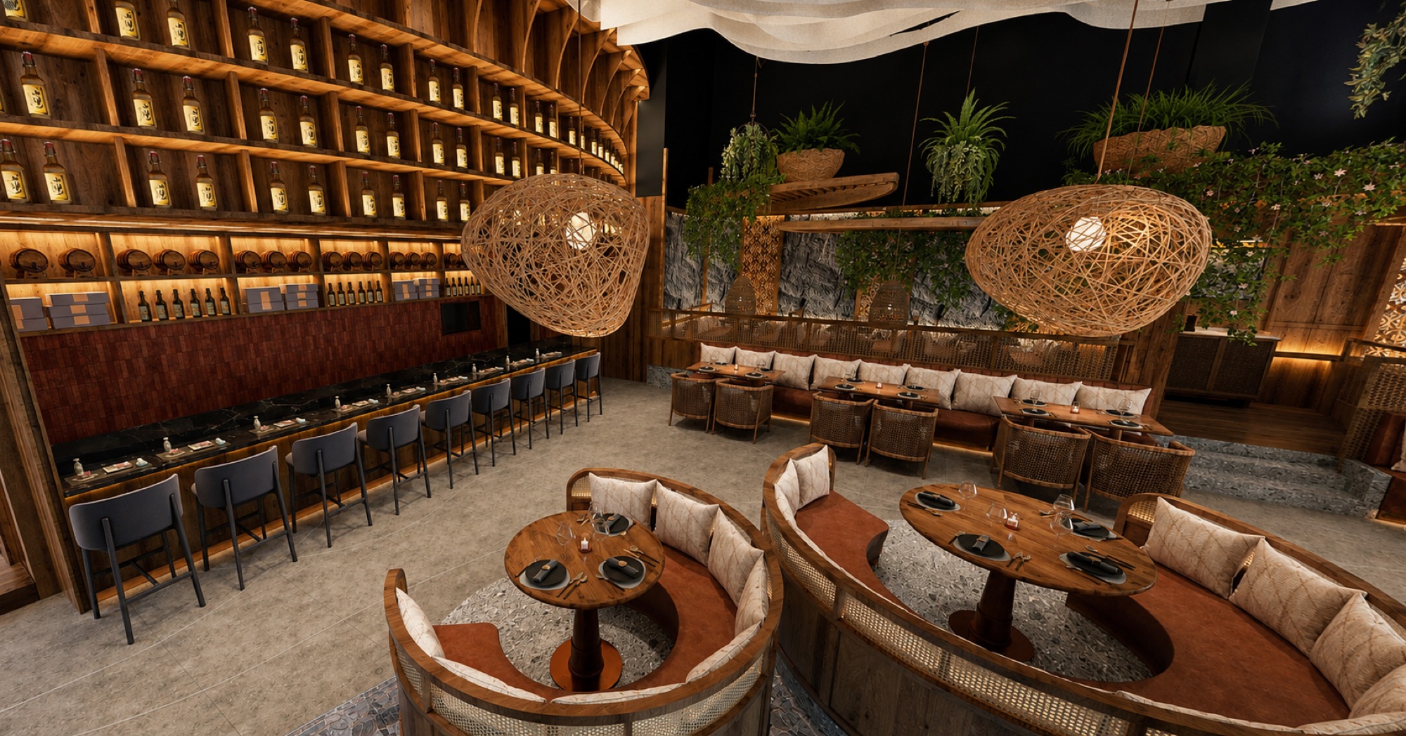 MUI's counter seating beneath the sake wall, beside the booths