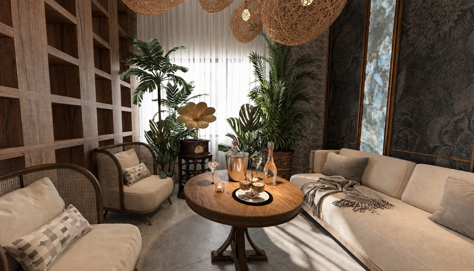 Private lounge with cane sofas and rattan lanterns