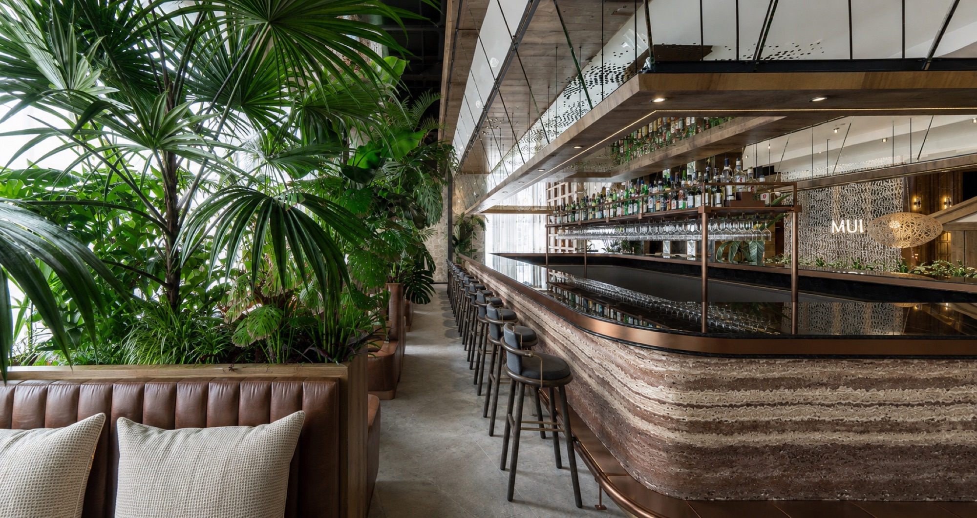 Sake wall and booth seating