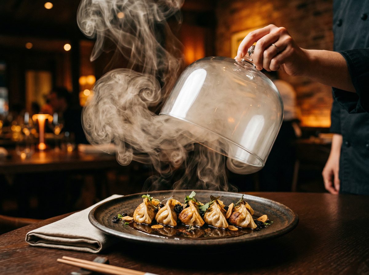 Smoke and Fire Gyoza — wagyu-truffle gyoza under smoke dome at MUI