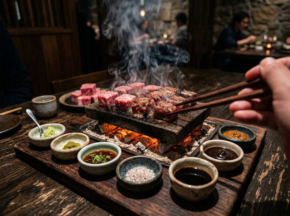 Wagyu Niku Kappo — A5 cubes on binchotan stone with seven dipping sauces